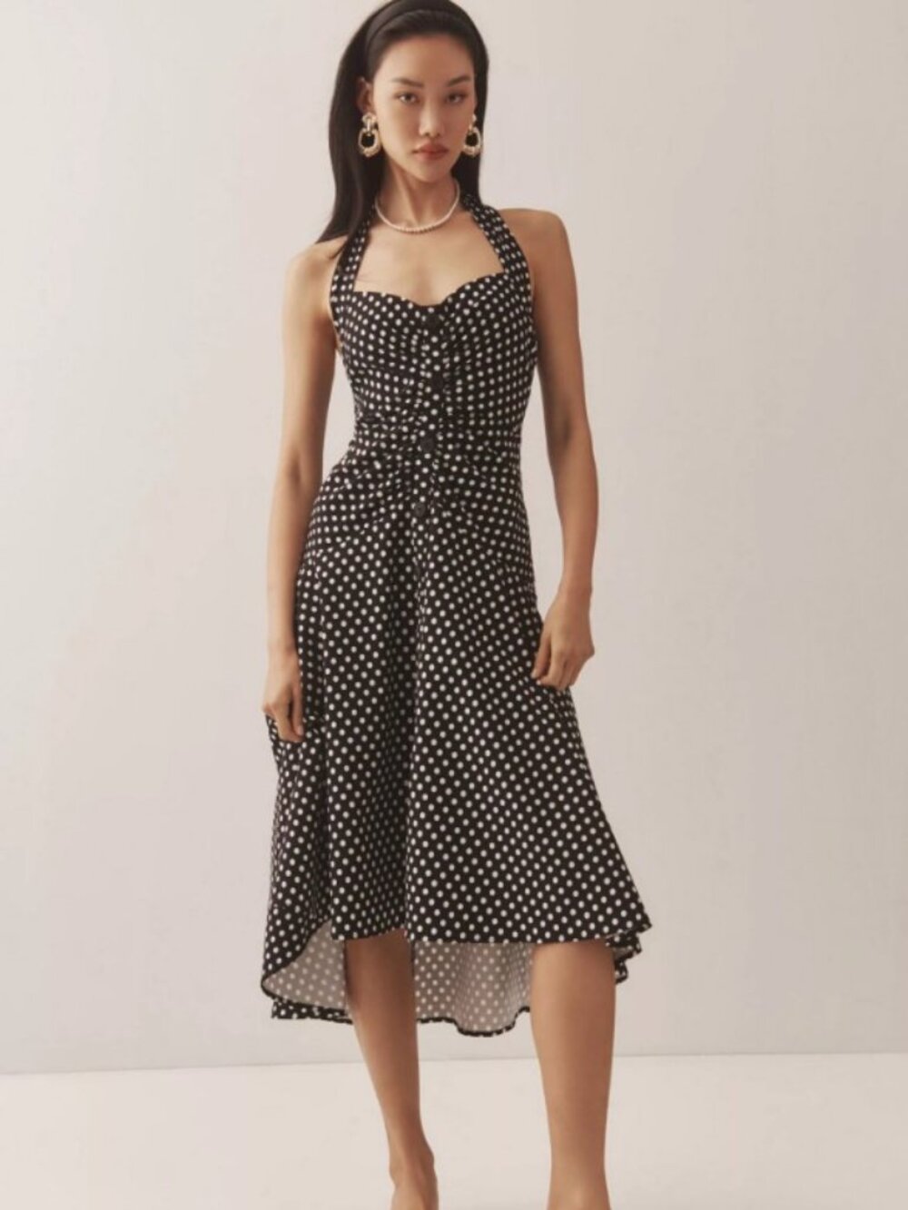 Anthropologie Maeve Halter Ruched Midi Dress  - Black/White - Size 8 Petite